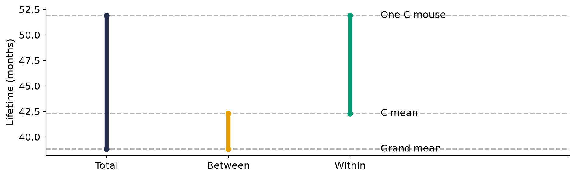 A mouse's lifetime is compared with its diet mean and the grand mean. Segments show total, between-diet, and within-diet deviations.